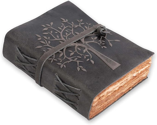 LEATHER VILLAGE Tree of Life Journal - 6 X 4 (A6) inches - Black - 200 Antique Deckle Edge Handmade Paper – Book of Shadows - Vintage Leather Bound Journal for Women & Men