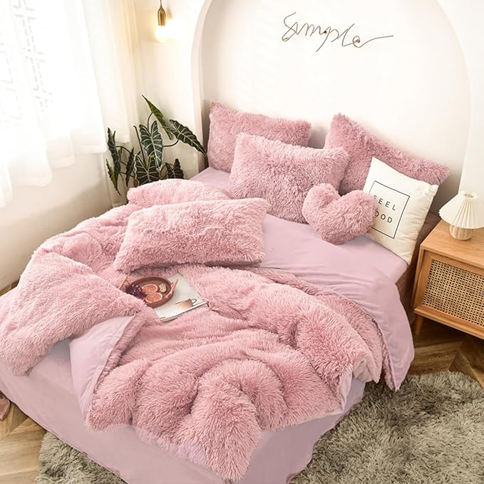 MorroMorn 5 PCS Shaggy Duvet Cover Bedding Set - Fluffy Comforter Cover Long Faux Fur Luxury Ultra Soft Cozy (Blush, Full/Queen)