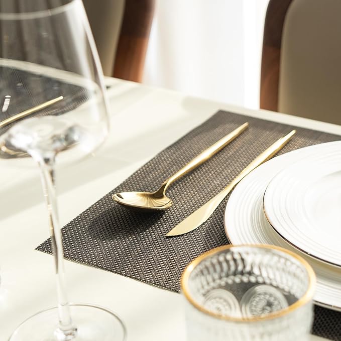 Placemats Set of 6 Vinyl/Plastic Woven Place Mats for Kitchen Table Indoor/Outdoor Washable Placemat Wipeable Dining Table Mats (Brown and Black,6)