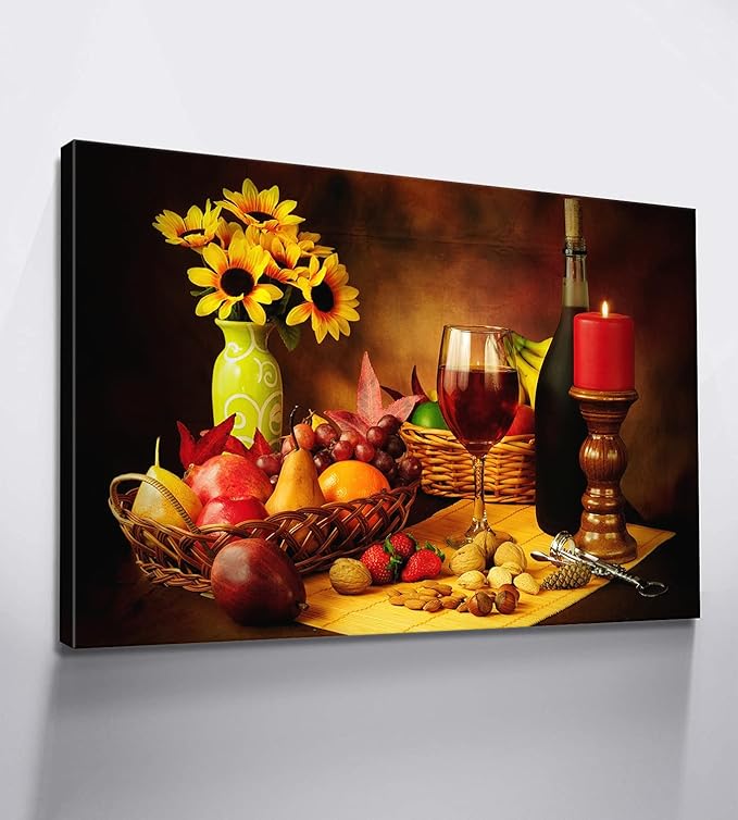 Sunflower Wall Art Wine Kitchen Decor Fruits Basket Poster Food Art Fruit Canvas for Dining Room Kitchen Bar Ready to Hang (28''H x 40''W)