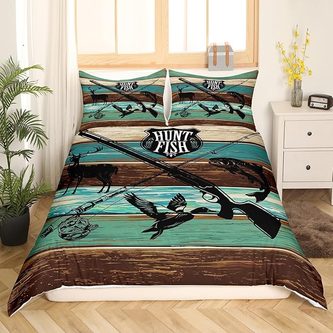 Castle Fairy Wild Animal Hunting Queen Duvet Cover for Kids Boys,Hunt Fish Themed Retro Bedding Set with 2 Pillowcases Comforter Cover,Farmhouse Rustic Wooden Board Bed Spread Quilt Cover 3pcs,Modern