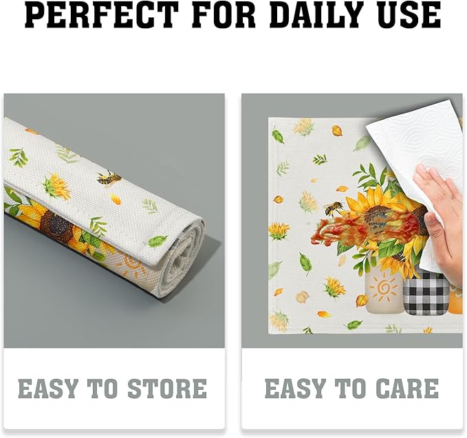 Giwawa Sunflower Vases Placemats Set of 4 Summer Bee Yellow Floral Mason Jar Place Mat 12x18 Inch Stain Heat Resistant Linen Table Mats for Kitchen Dining Seasonal Party Decor