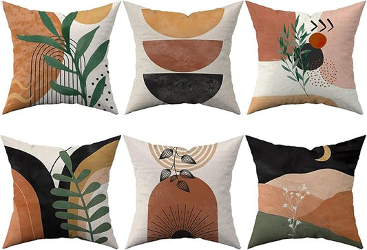 Boho Mid Century Modern Throw Pillow Covers Set of 6, Sun Moon Arch Leaves Abstract Home Decor Farmhouse Decorative Cushion Covers 18"X18"