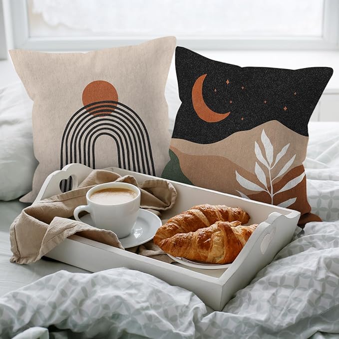 HIWX Boho Pillow Covers, Sun Moon Mountains Decorative Outdoor Throw Pillow Covers, Modern Sunshine Sunrise Landscape for Bedroom Home Decor - Set of 4, 18 x 18