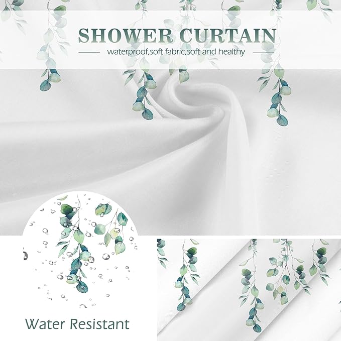 Aimego Sage Green Eucalyptus Shower Curtain-Spring Summer Watercolor Plant Leaves Nature Botanical Bathroom Decor Fabric Cloth Bath Shower Curtain Set with 12 Hooks, 72"x72", White