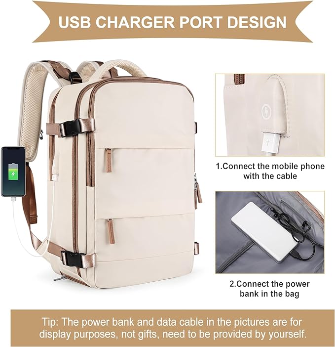 coowoz Large Travel Backpack For Women Men,Carry On Backpack Flight Approved,Hiking Outdoor Rucksack Casual Daypack Travel Bag Essentials Personal Item Backpack (Beige Brown-L)