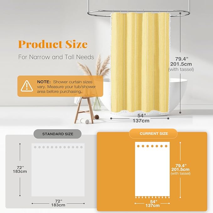 BTTN Stall Fabric Shower Curtain - 54x78 Boho Striped Linen Heavy Duty Tassel Shower Curtain Set with 10 Hook, Narrow Rustic Modern Farmhouse Bohemian Thick Cloth Shower Curtains for Bathroom - Yellow