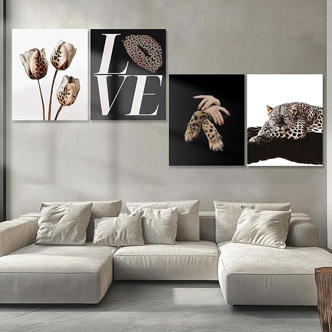 Kousne 4PCS Black and Gold Leopard Rose Print stockholm cheetah Poster Set Trendy Women’s Aesthetic Wall Art Canvas Prints Decor for Bedroom Living Room Office Beauty Salon Unframed 8x10 Inch