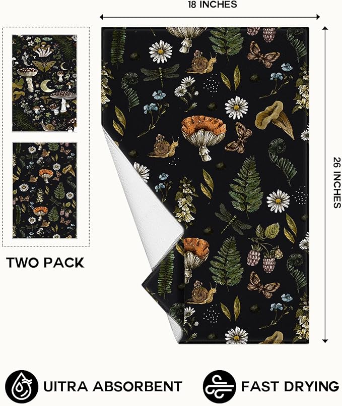 Microfiber Kitchen Towels - Set of 2 Dish Towels for Kitchen 18 x 26 Inch Home Decoration Black Mushroom Cute Spring Hand Towels Soft & Absorbent Aesthetic Design