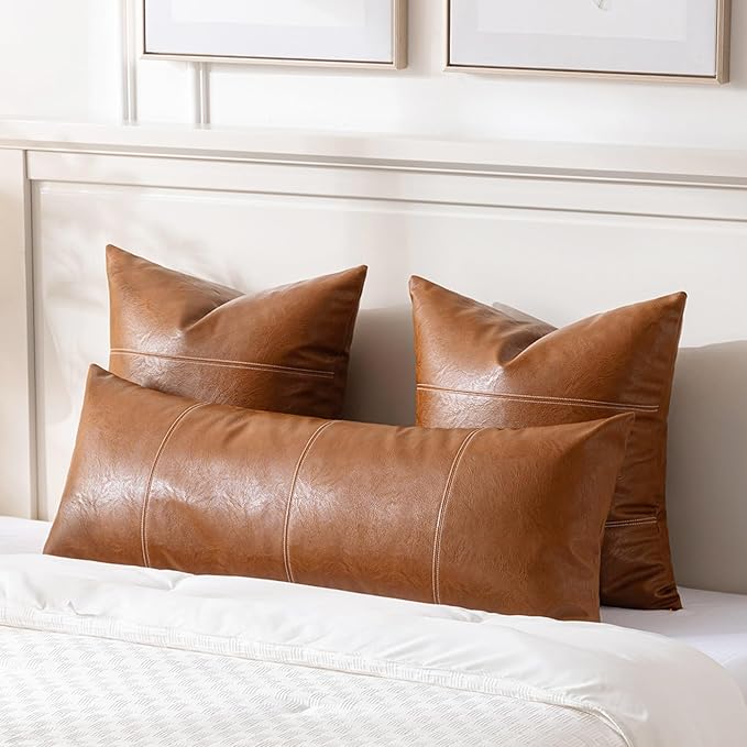 Fancy Homi 2 Packs Brown Boho Long Lumbar Faux Leather Body Decorative Throw Pillow Cover 14x36 Inch for Bedroom Couch Bed Bench, Hand Stitched Stylish Pillowcase, Rustic Modern Farmhouse Room Decor