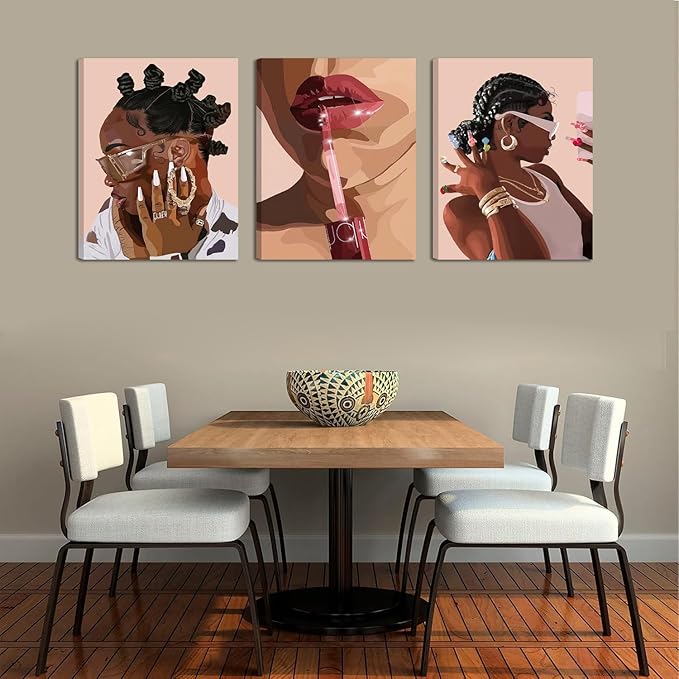 ANVOTIG Framed African American Black Girl Canvas Wall Art Set of 3 Fashion Black Women Wall Decor Pictures Hip Hop Sunglasses Jewelry Posters Prints Paintings for Home Living Room Bedroom 12x16in