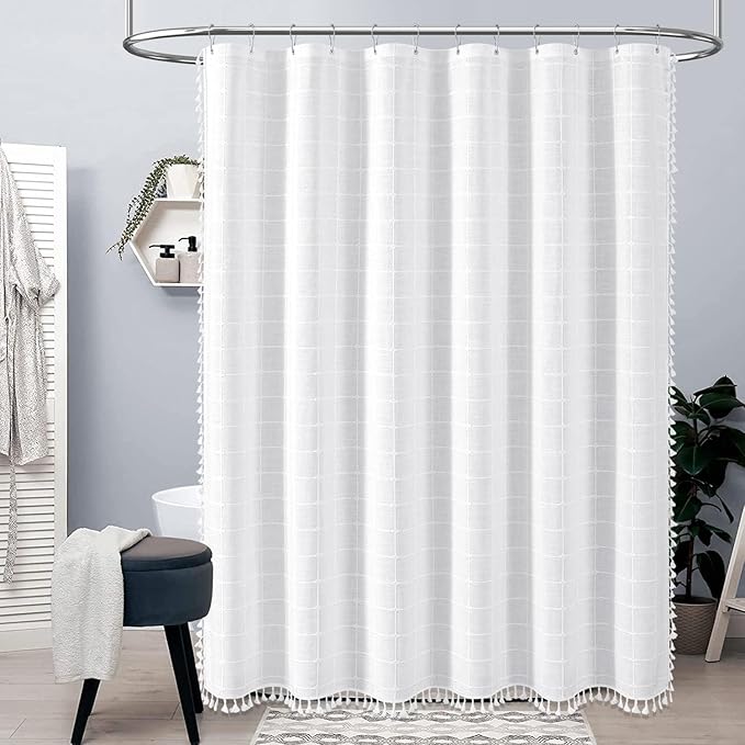 BTTN Extra Wide Shower Curtain - 108x72 Inch Boho Farmhouse Fabric Weighted Linen Shower Curtain Set with 18 Hooks, Large Country Hotel Neutral Waterproof Cloth Shower Curtains for Bathroom, White