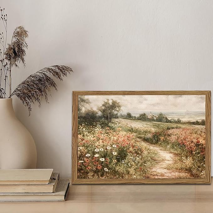 Framed 3D Textured Wall Art, Vintage Landscape Wall Decor Painting, Hand Drawn Sandstone Country Watercolor Floral Pictures Artwork for Living Room Bedroom Home Decor 16x24 inch Wood Frame