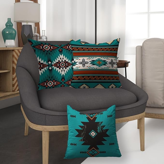 Western Throw Pillow Covers Set of 6, Southwest Aztec Mexican Turquoise Home Decor Ethnic Tribal Navajo Outdoor Couch Decorative Cushion Case 18"X18"