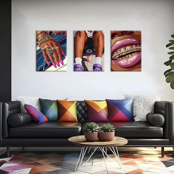 Black Girl Canvas Wall Art Set of 3, Fashion African American Woman Wall Decor Paintings, Abstract Black Women Pictures Prints for Girly Bedroom Living Room Dorm 16x24 inch Framed