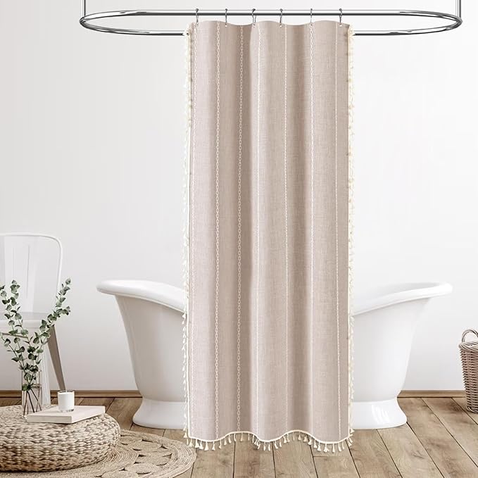 BTTN Boho Shower Stall Curtain - 36x72 Narrow Linen Ultra Thick Striped Tassel Fabric Shower Curtain Set with 6 Hooks, Half Modern Farmhouse Cottage Weighted Shower Curtains for Bathroom -Tan/Taupe