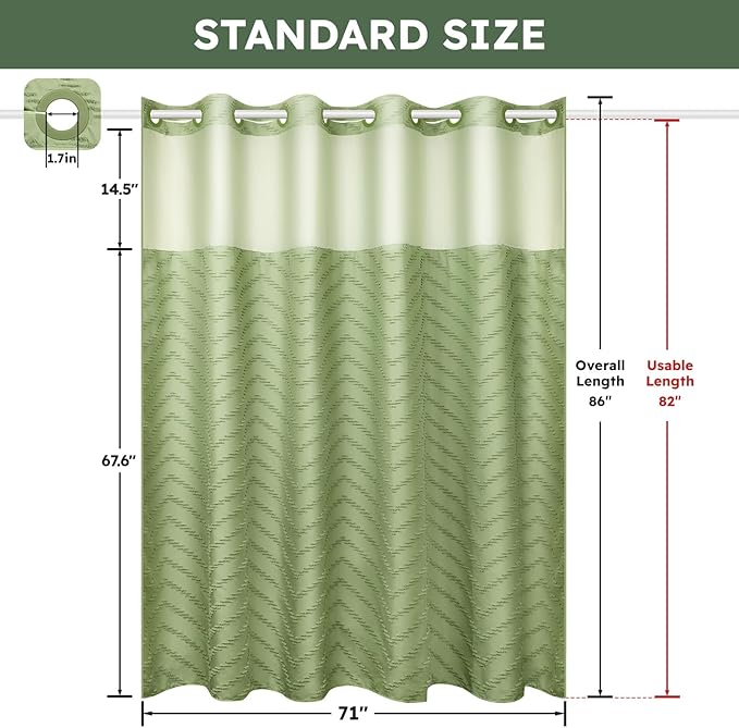 No Hook Shower Curtain and Snap in Liner Set Sage Green Tufted Chevron Striped Cloth Waterproof Washable Fabric Boho Modern Bath Curtain See Through Mesh Top Window for Bathroom Hotel 71" x 86"