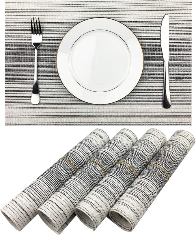 Placemat,Blending Color Durable Woven Vinyl Placemat Washable Heat-Resistant Anti-Skid Kitchen Dining Table Mats (Set of 4, Black with White)