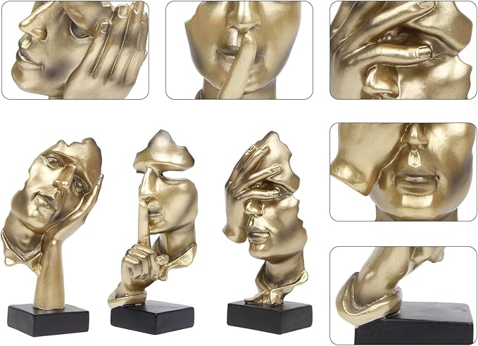 3 Pcs Thinker Statue, Silence is Gold Abstract Art Figurine, No Hear No See No Speak Modern Home Resin Sculptures Decorative Objects Decor for Home Office Bookshelf Desktop(Gold), A-41