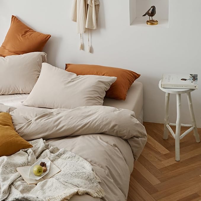 AMWAN Apricot Beige Duvet Cover King Taupe Apricot Solid Color Bedding Sets Jersey Knit Cotton Apricot Color Comforter Cover Simple Style Beige Tan Duvet Cover 1 Queen Duvet Cover
