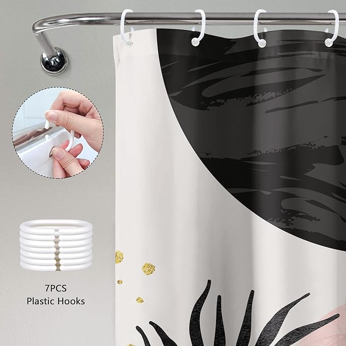 Small Stall Boho Shower Curtain 36Wx72H RV Modern Bohemian Abstract Leaves Mid Century Plant Half Narrow Bathroom Decor Minimalist Geometric Neutral Bath Curtain Fabric Polyester 7 Pack Hooks