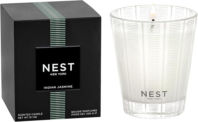 NEST New York Scented Classic Candle, Indian Jasmine - 8.1 oz - Up to 60-Hour Burn Time - Reusable Glass Vessel