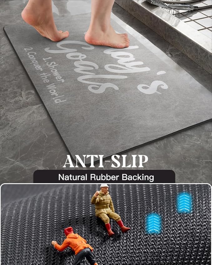 MontVoo -Bath Mat Rug- Non Slip Quick Dry Absorbent Thin Bathroom Rugs Fit Under Door-Faux Suede Surface Bathroom Floor Mats-Shower Rug for in Front of Bathtub Shower 16"X24" Grey Text Pattern