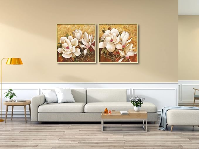 Pyradecor Large Gold Framed Canvas Wall Art Magnolia Flowers 2 Panels Floral Canvas Prints Brown Pictures for Living Room Bedroom Home Decorations