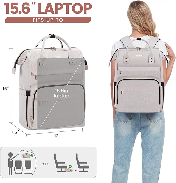 LOVEVOOK Laptop Backpack for Women,15.6 Inch Professional Womens Travel Backpack Purse Computer Laptop Bag Nurse Teacher Backpack,Waterproof College Work Bag Carry on Back Pack with USB Port,Off-white