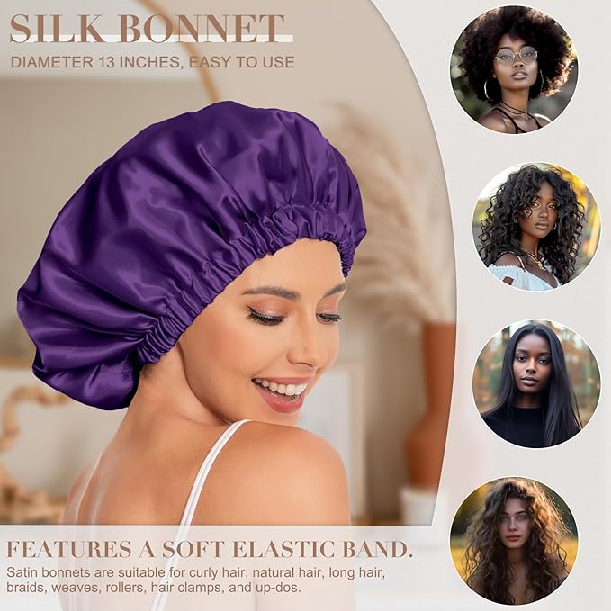 Satin Bonnet Silk Bonnet Hair Bonnet for Sleeping-Slouchy Beanie Hat Satin Sleep Cap for Women's Natural & Curly Hair(Purple)