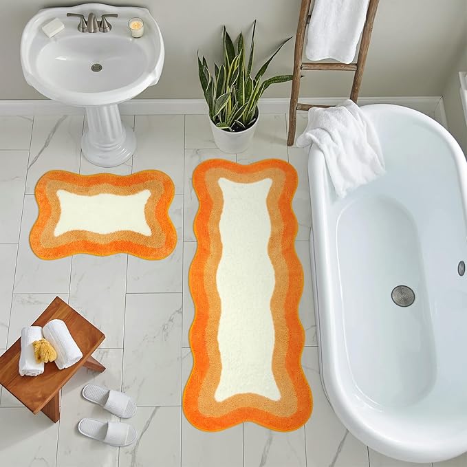 HAOCOO Irregular Shape Bathroom Runner Rug, 18x47 inch Soft Non Slip Orange Gradient Large Bathroom Rugs,Luxury Microfiber Washable Runner Rugs for Bedroom Bathtub Sink Shower