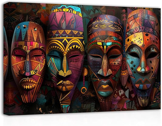 SWQYLB African Mask Wall Art Vintage Traditional Tribal Ethnic Mask Pictures Prints Abstract Africa Culture Artwork African Art Wall Decor Framed (12.00" x 18.00")