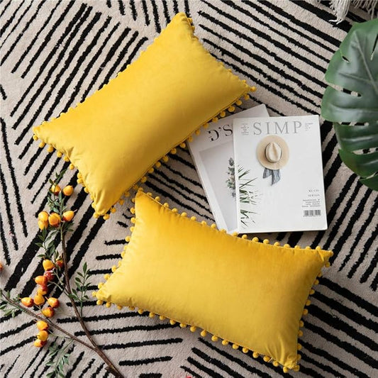 DEZENE Couch Pillow Covers 12x20 Yellow: 2 Pack Cozy Soft Pom-poms Velvet Rectangular Throw Pillow Cases for Farmhouse Home Decor
