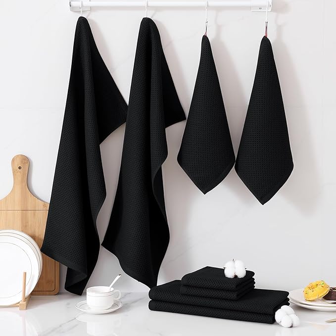 Homaxy 100% Cotton Kitchen Towels and Dishcloths Set, 12 x 12 Inches and 13 x 28 Inches, Set of 10 Bulk Kitchen Towels Set, Ultra Soft Absorbent Dish Cloths for Washing Dishes, Black