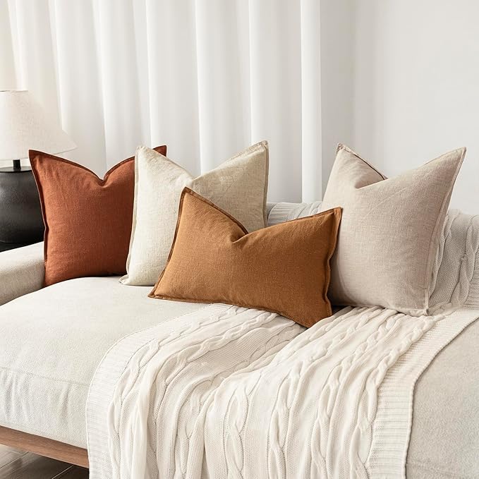 Foindtower Pack of 2, Decorative Linen Soild Throw Pillow Covers Soft Accent Cushion Case Farmhouse Neutral Pillowcase for Chair Couch Sofa Bedroom Living Room Home Decor 22 x 22 Inch Fall Rust Orange