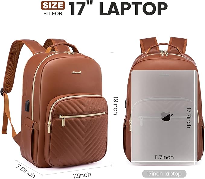 LOVEVOOK Laptop Backpack for Women, Faux PU Leather Quilted Backpack Purse, Business Computer Travel Work Bags, Nurse Backpack for Work, Fits 17-Inch Laptop, Brown