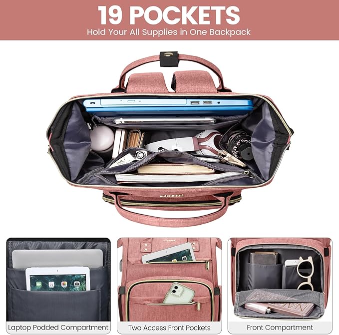 LOVEVOOK Laptop Backpack for Women, 15.6 Inch Professional Womens Travel Backpack Purse Computer Bag, Waterproof College Work Bag Carry On with USB Port, Light-pink