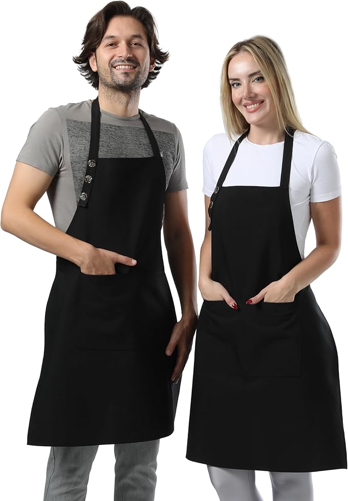 TOSHE Kitchen Apron Waterdrop Resistant Cotton Apron with adjustable Aprons for Women with Pockets Cooking Apron (2 Pack - Black)