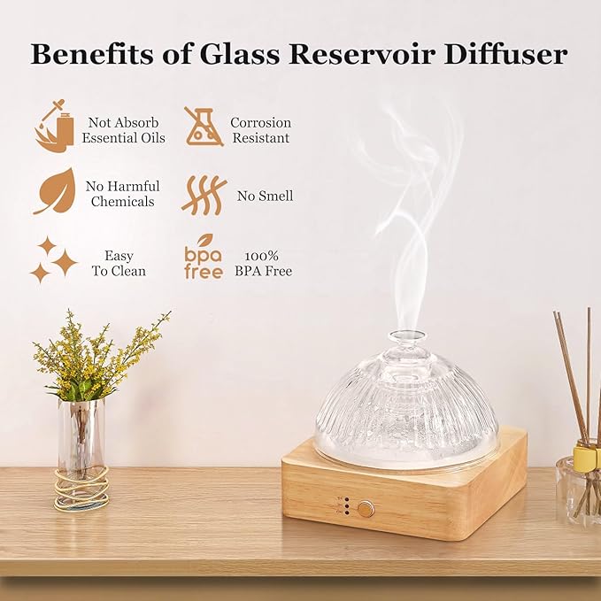 Glass Essential Oil Diffuser with Glass Reservoir & Wood Base, 200ml Ultrasonic Lock Color Timer Auto-Off 7 Color Light Aroma Glass Dome Diffuser for Home Office Bedroom Yoga