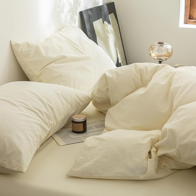 FOSSA Duvet Cover Set 100% Washed Cotton Linen Feel Super Soft Breathable Cozy 3 Pieces Bedding Sets Solid Cream White Super King