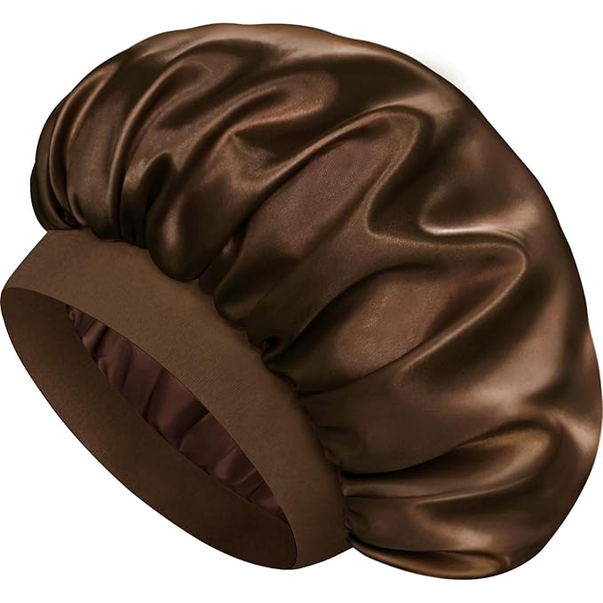 Satin Silk Bonnet for Sleeping, Double Layer Silk Sleep Cap for Men & Women, Soft Satin Lined Bonnet for Natural & Curly Hair(Dark Brown)