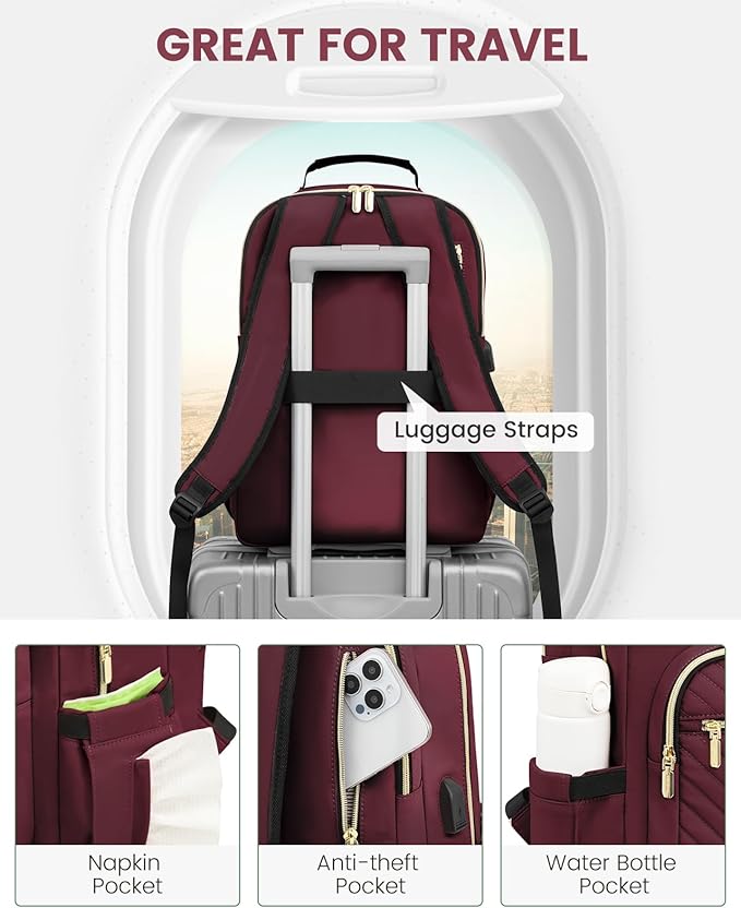 LOVEVOOK Laptop Backpack Purse for Women, Work Business Travel Computer Bags, College Nurse Backpack for Womens, Quilted Casual Daypack with USB Port, Fit 15.6 Inch Laptop, Wine Red