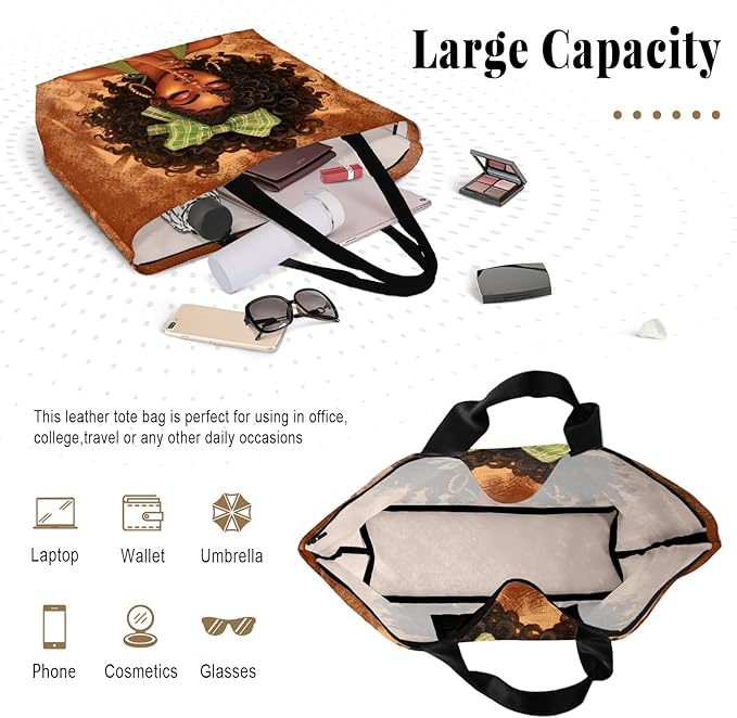 African American Women Tote Bag Black Shoulder Handbag For Women Fit Work Beach Labtops With Zip