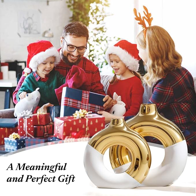 White and Gold Ceramic Vase Set of 2,Round Donut Hollow Flower Vases for Home Decor Accents,Modern Minimalist Centerpiece Table Decorations,Wedding,Living Room,Bookshelf,Office,Entryway