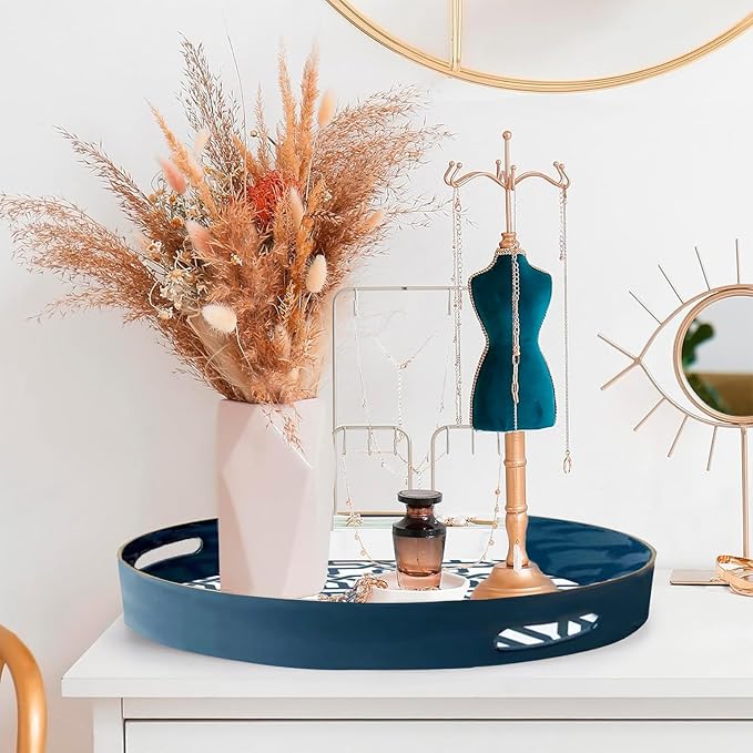 Blue Round Serving Tray with Handles,13" Decorative Ottoman Coffee Table for Perfume,Living Room,Home Decor