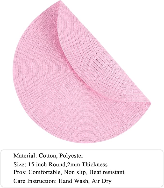 SHACOS Round Braided Placemats Set of 6 Round Table Mats for Dining Tables 15 inch Washable Non Slip Placemats (Pink, 6)