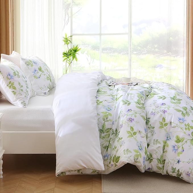 MUXHOMO Duvet Cover King Size, Reversible Floral Vintage Duvet Cover Set with Zipper Closure, 3 Pieces Botanical Patterns Soft Microfiber Bedding Set (90"x104", 2 Pillow Cases 20"×36", Green Branch)