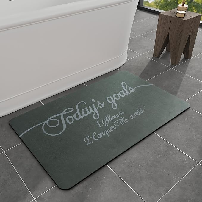 MontVoo -Bath Mat Rug- Non Slip Quick Dry Absorbent Thin Bathroom Rugs Fit Under Door-Faux Suede Surface Bathroom Floor Mats-Shower Rug for in Front of Bathtub Shower 17 X27.5 Green Text Pattern