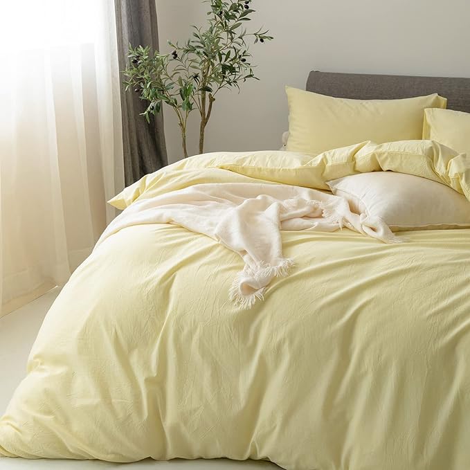 FOSSA Duvet Cover Set 100% Washed Cotton Linen Feel Super Soft Breathable Cozy 3 Pieces Bedding Sets Solid Pastel Yellow Oversized King Plus