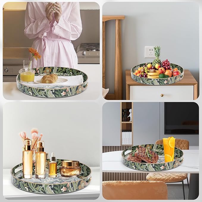 Round Coffee Table Trays, Serving Tray with Handles for Ottoman Coffee Table, Large Tray for Living Room Modern